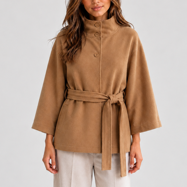 Women’s Belted Cape Jacket with Stand Collar — variant_front
