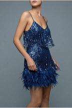 Sophie | Women's Sequin Fringe Feather Trim Cocktail Dress — variant_front