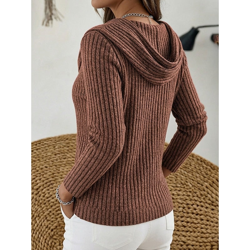 Ribbed Knit Sweater with Cowl Neck and Long Sleeves — variant_front