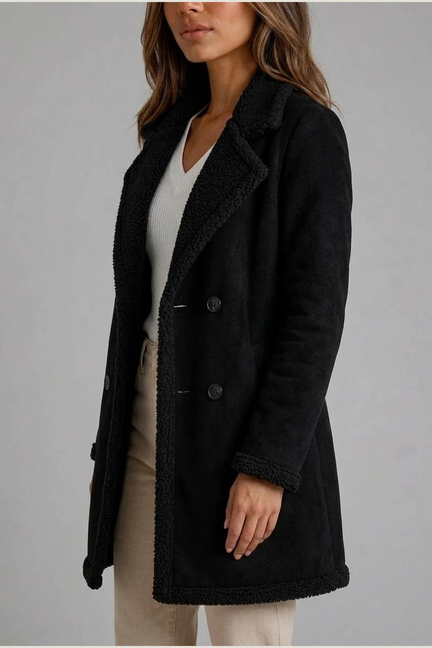 Women’s Suede Look Shearling Coat – Longline Teddy Trim Jacket — variant_front
