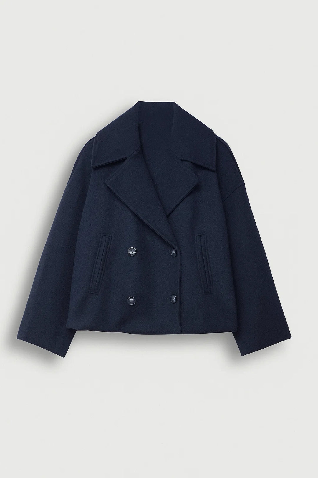 Cropped Double Breasted Wool Pea Coat with Wide Lapels — variant_front