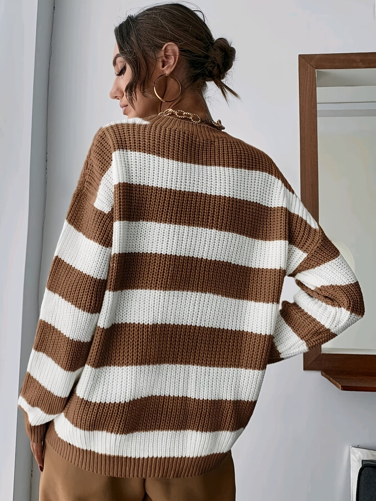 Striped Chunky Knit Sweater with Round Neck and Dropped Shoulders — variant_front