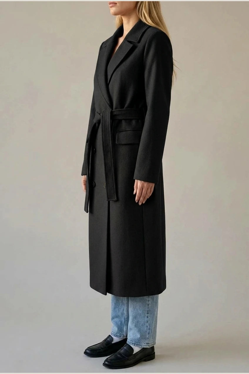 Women's Long Coat Wool Blend Belted Structured Tailored Fit Office — variant_front