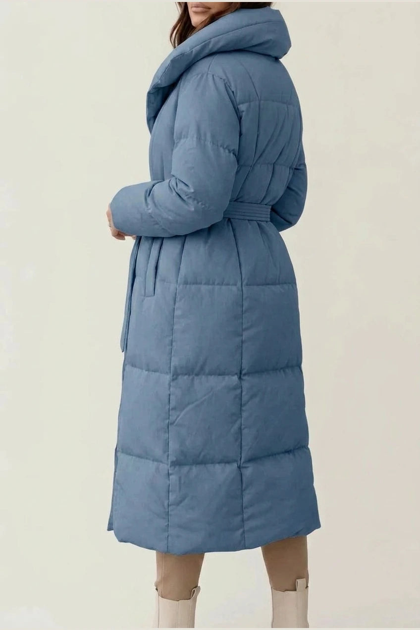 Women's Belted Long Puffer Coat with Silhouette Design – Ines — variant_front