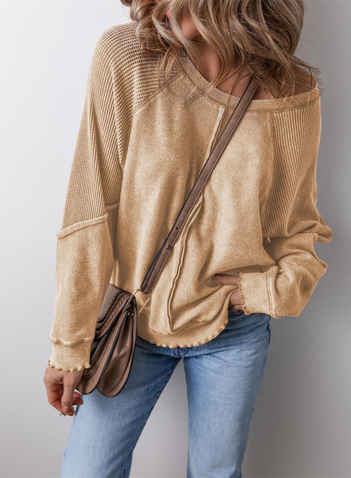 Relaxed Waffle Knit Sweatshirt with Lettuce Hem and Front Pocket — variant_front