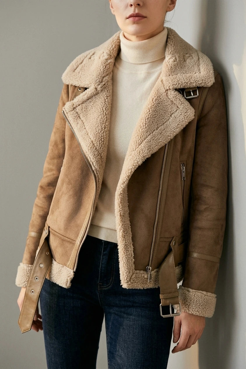 Amelia | Women's Shearling-Lined Belted Suede Moto Jacket — amelia-womens-shearling-lined-belted-suede-moto-jacket_lifestyle_leaning_wall_04.webp