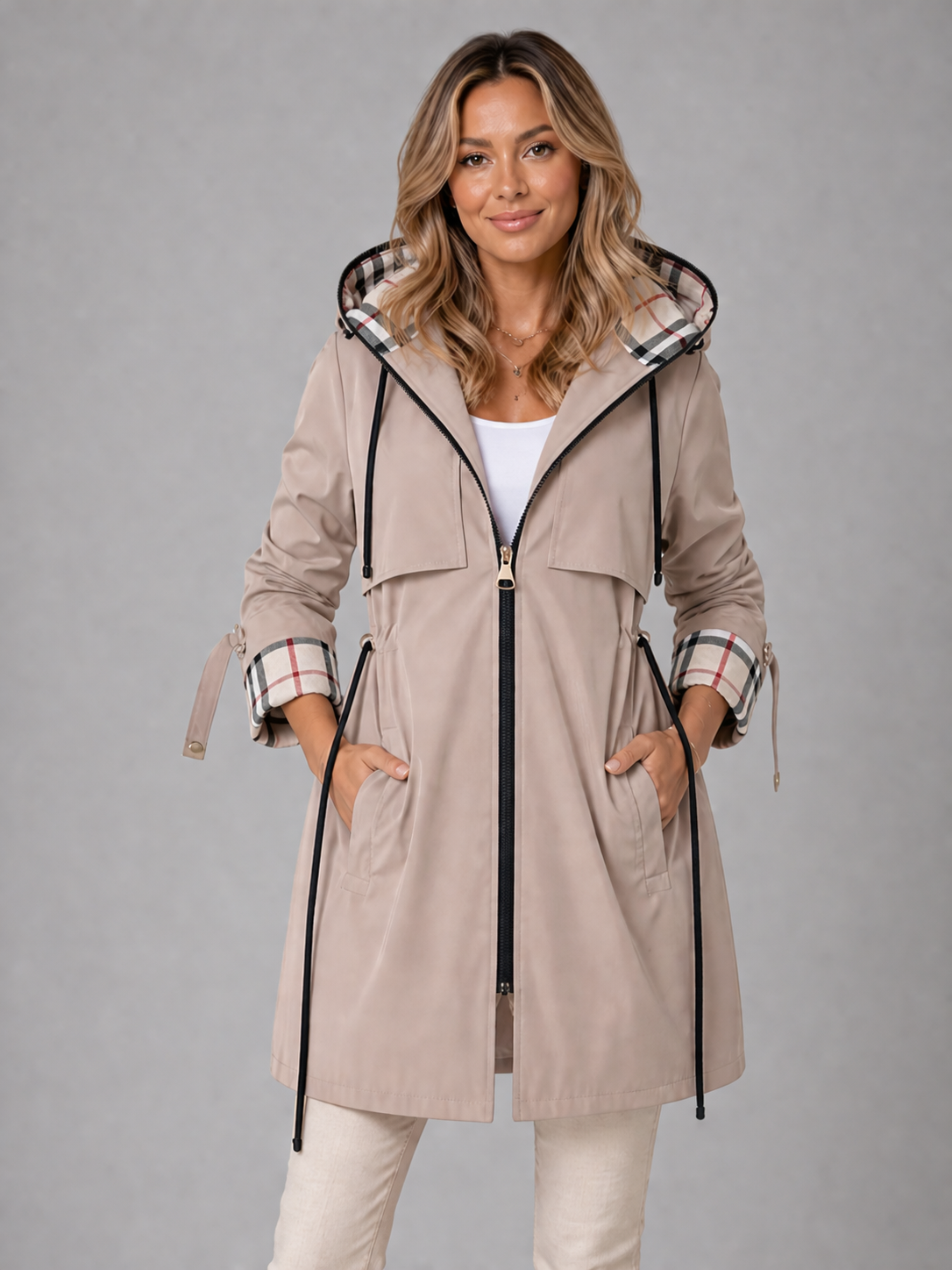 Hooded Anorak with Check Lining and Drawstring Waist — variant_front
