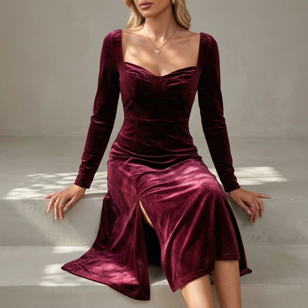 Velvet Autumn Wedding Guest A-Line Midi Dress with Long Sleeves for Women — velvet-autumn-wedding-guest-a-line-midi-dress-with-long-sleeves-for-women_lifestyle_seated_pause_04.webp