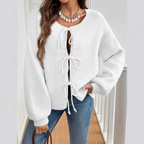 Relaxed Knit Cardigan with Tie Front and Puff Sleeves — variant_front