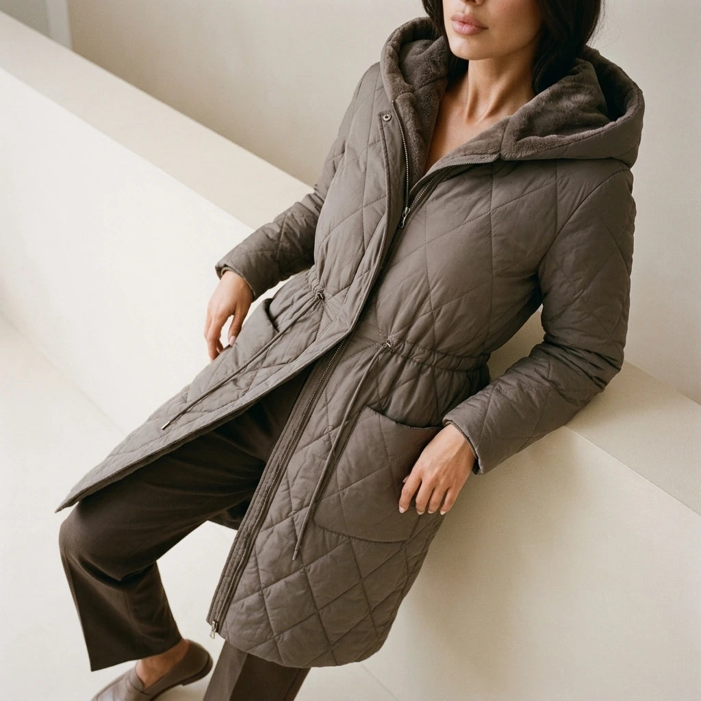 Women’s Long Quilted Puffer Coat – Faux Fur Collar Winter Coat — variant_front