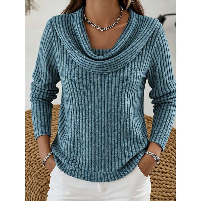 Ribbed Knit Sweater with Cowl Neck and Long Sleeves — variant_front