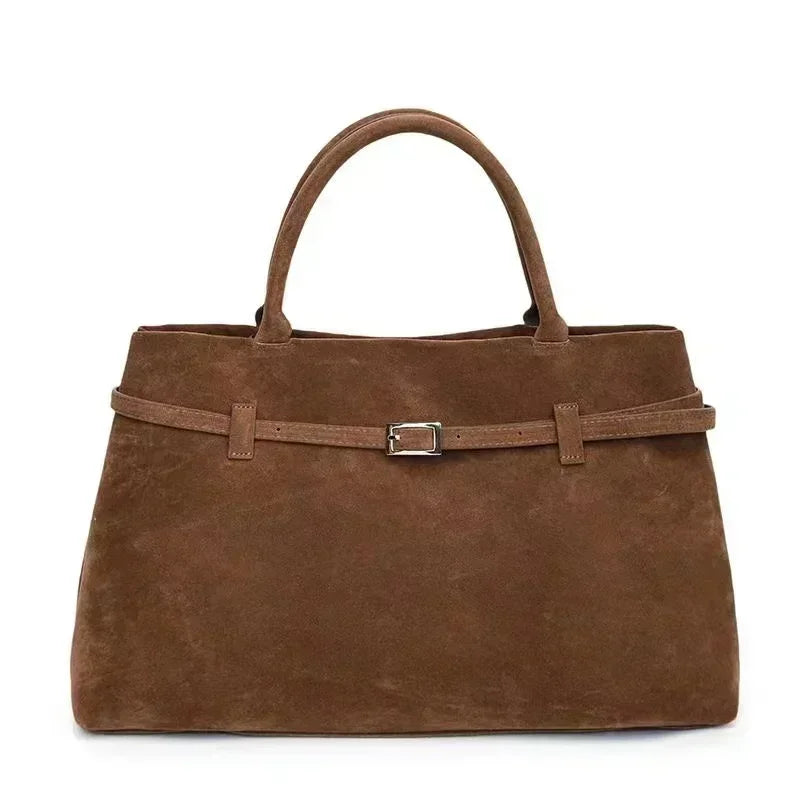 Large Suede Shoulder Bag with Belt Buckle Detail - Top-handle Tote — variant_front