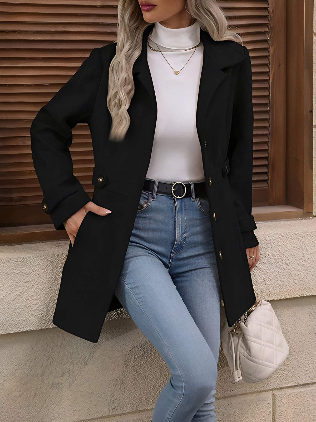Fitted Double Breasted Trench Coat with Gold Button Detail — variant_front