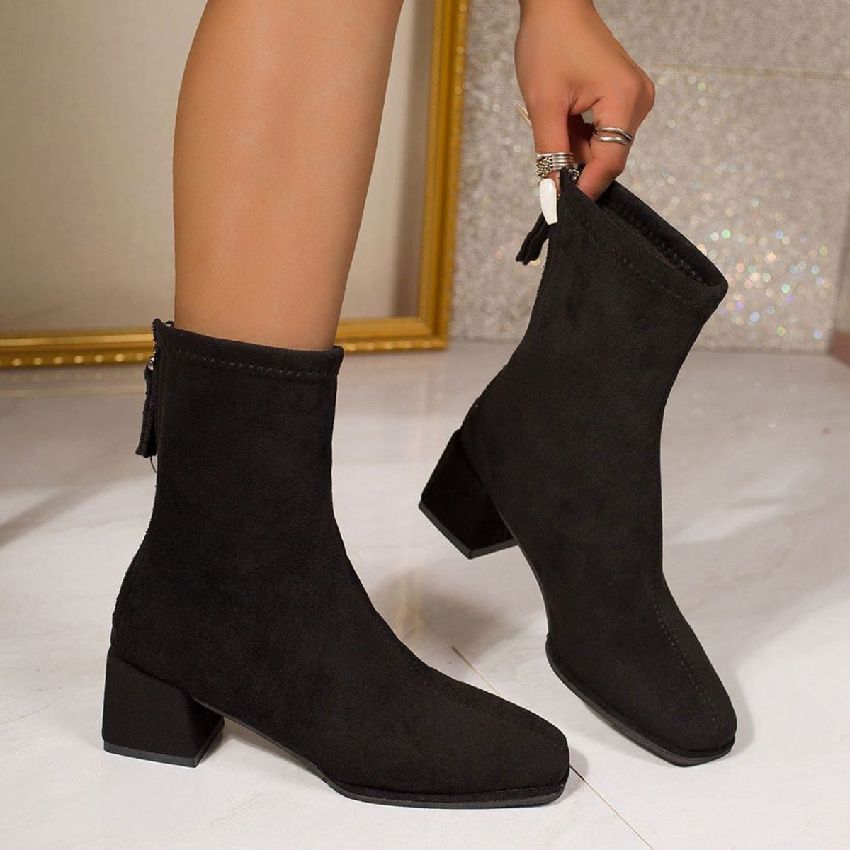 Suede Heeled Ankle Boots with Square Toe and Block Heel — variant_front