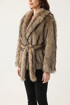 Women's Faux Fur Jacket with Shawl Collar and Tie Belt — variant_front