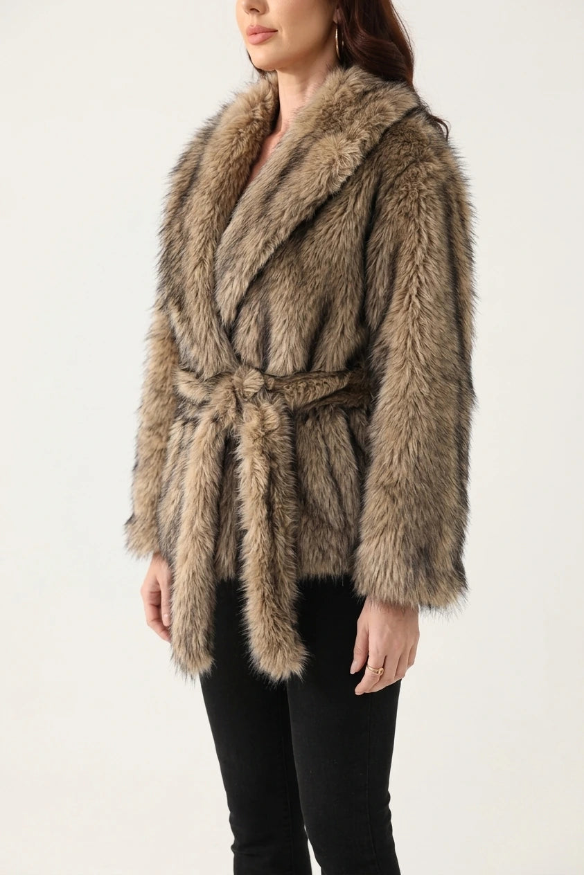 Women's Faux Fur Jacket with Shawl Collar and Tie Belt — variant_front