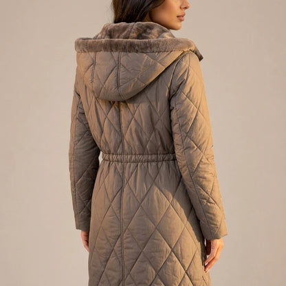Women’s Long Quilted Puffer Coat – Faux Fur Collar Winter Coat — variant_front