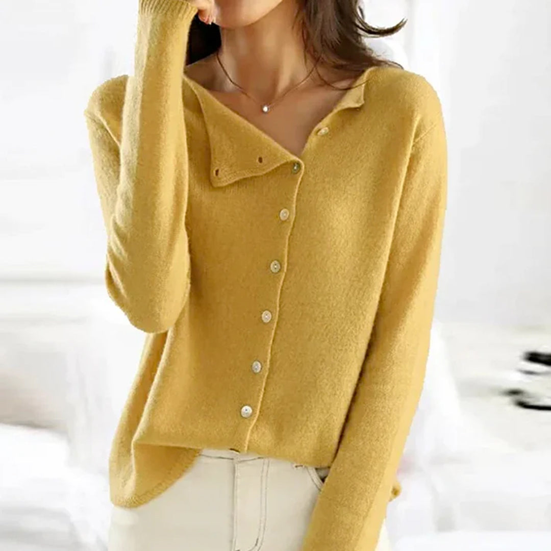 Soft Knit Cardigan with Asymmetric Button Front and Scoop Neckline — variant_front