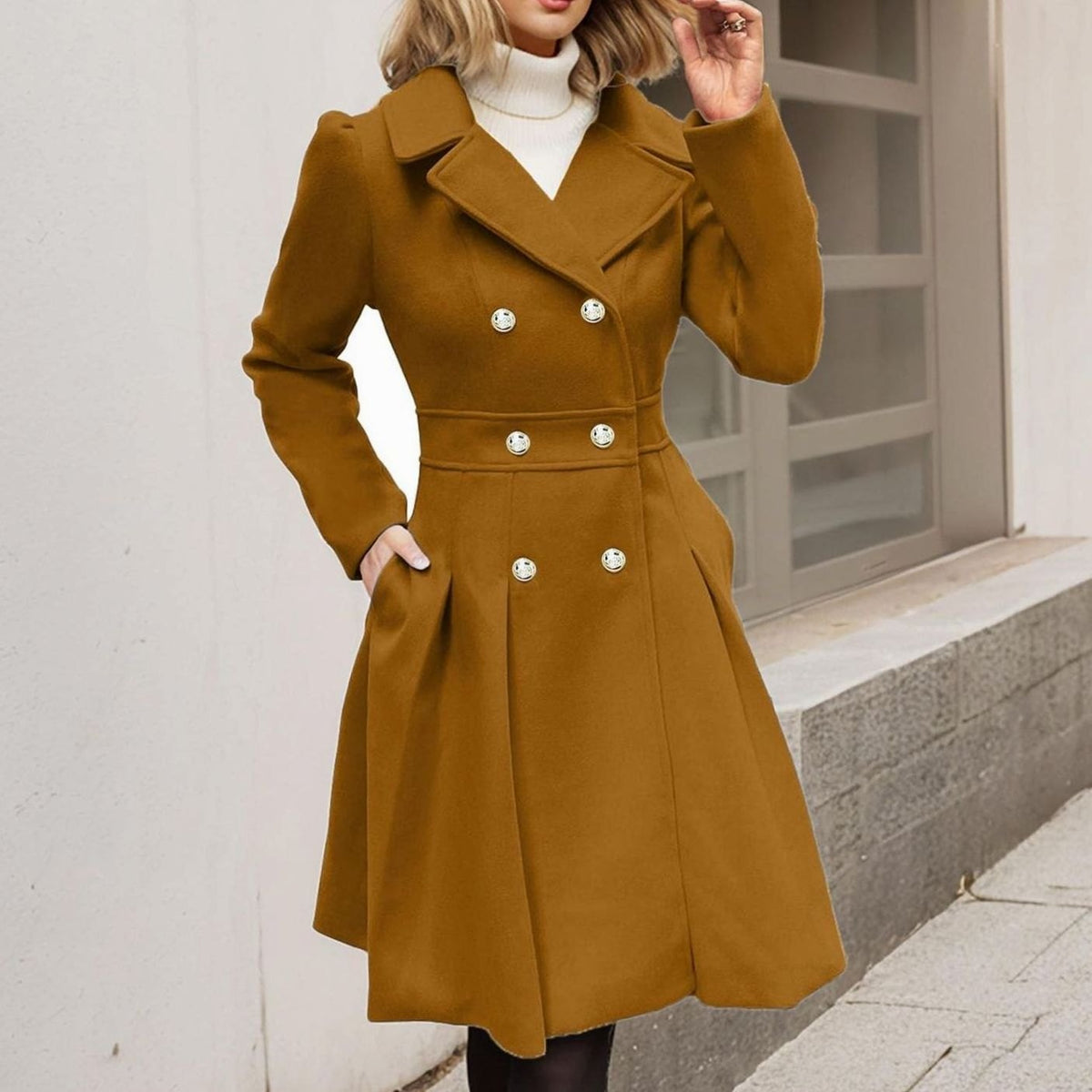 Double Breasted Wool Coat with Pleated Flared Skirt and Gold Buttons — variant_front