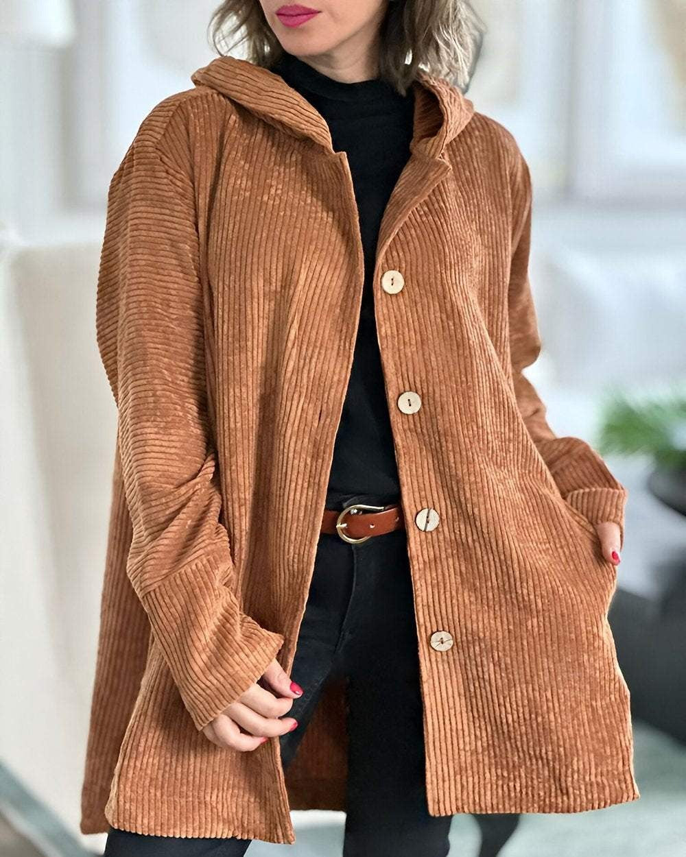 Retro Hooded Corduroy Jacket with Wooden Buttons — variant_front
