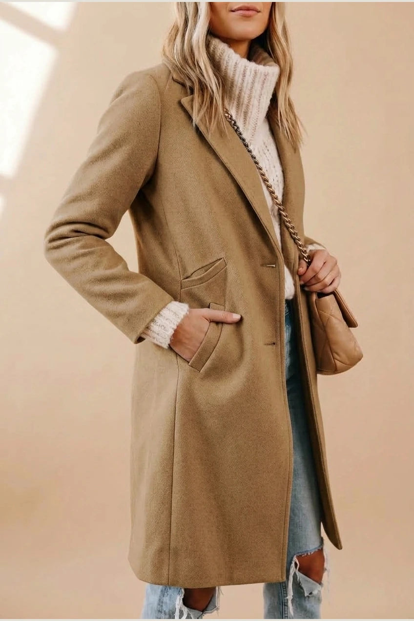 Women's Notch Lapel Longline Coat with Side Pockets — variant_front
