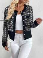 Houndstooth Knit Cardigan with Gold Buttons and Chest Pockets — variant_front