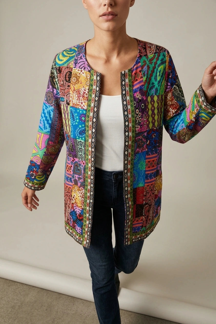 Women's Printed Open-Front Jacket with Long Sleeves — variant_front