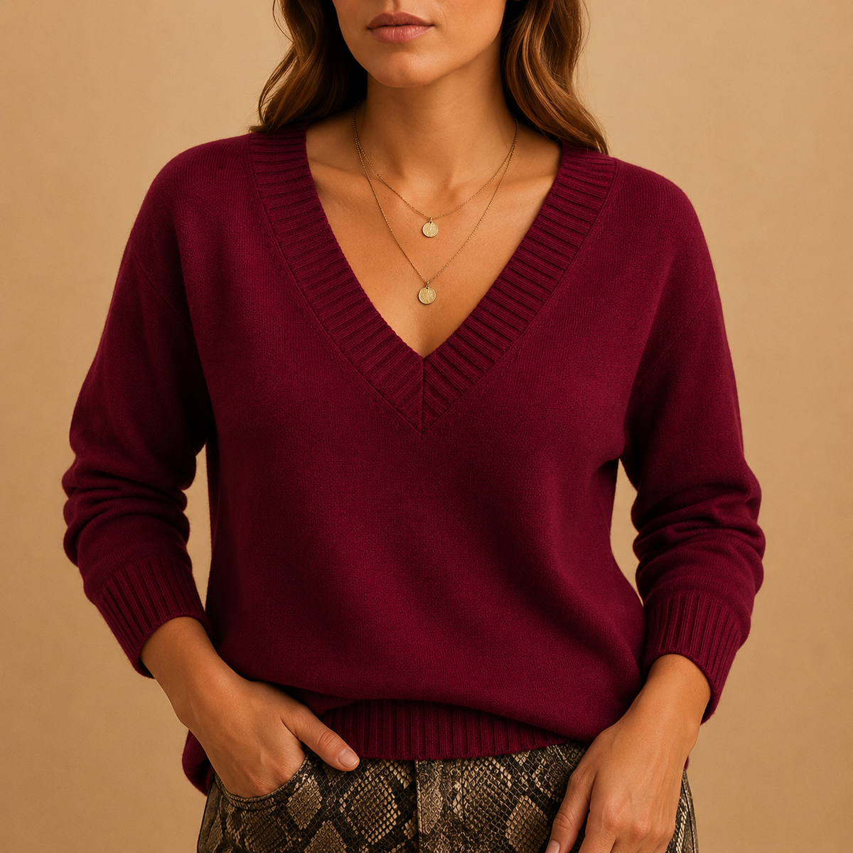 Soft Knit Sweater with Ribbed V-Neckline and Ribbed Cuffs — variant_front