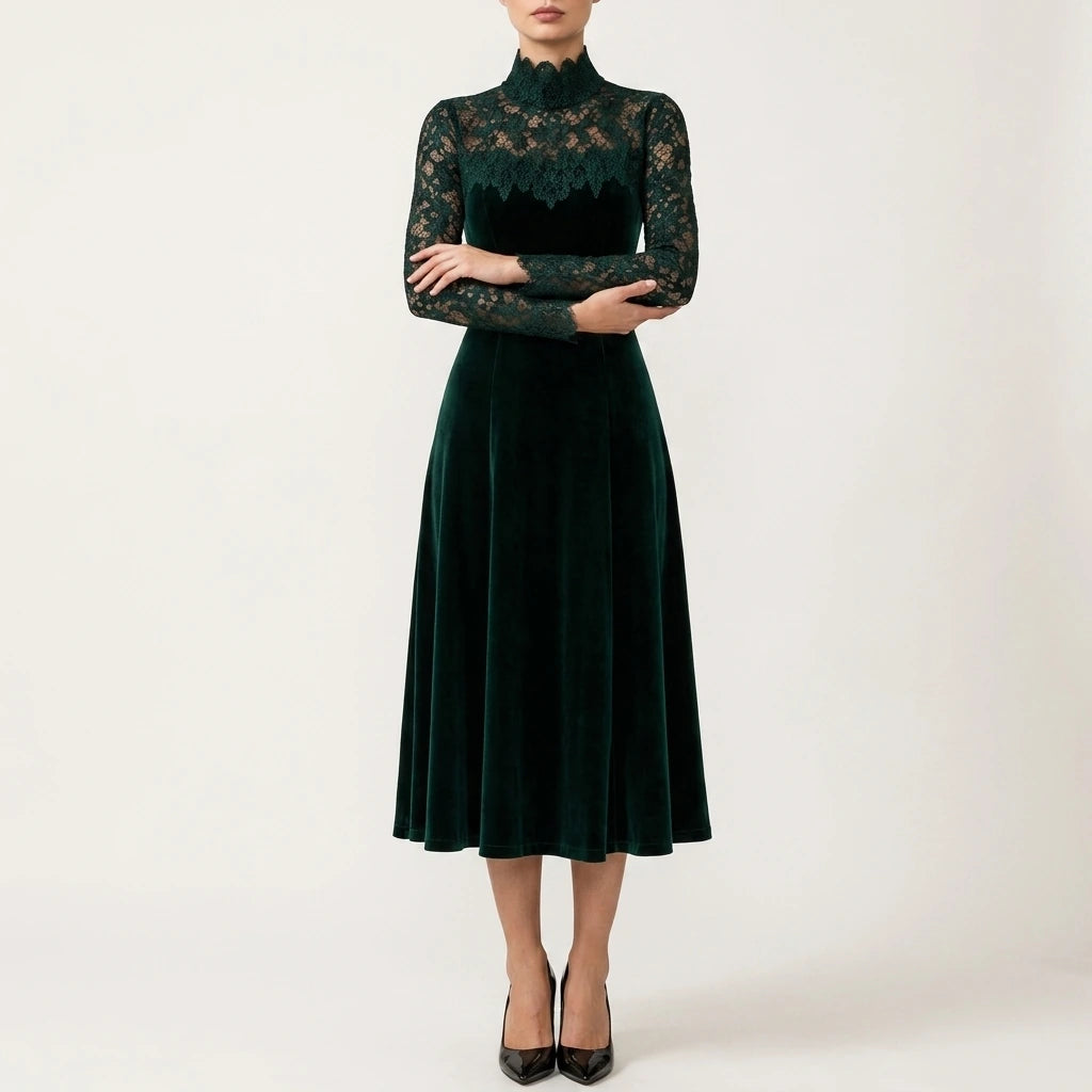 Midi Dress Women - A-Line Velvet Midi Dress — variant_front