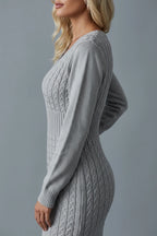 Women's Cable Knit V-Neck Jumper Dress Long Sleeve — variant_front