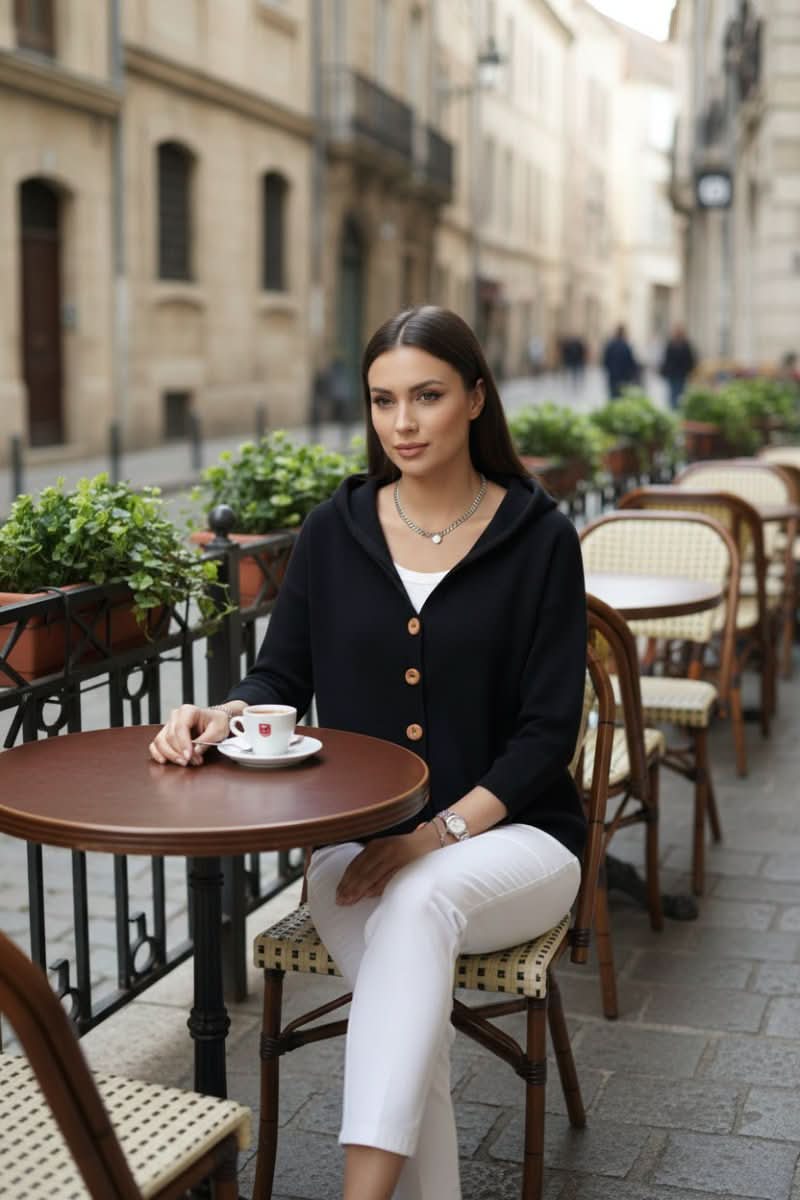 Relaxed Hooded Cardigan with Button Front and Ribbed Cuffs — variant_front