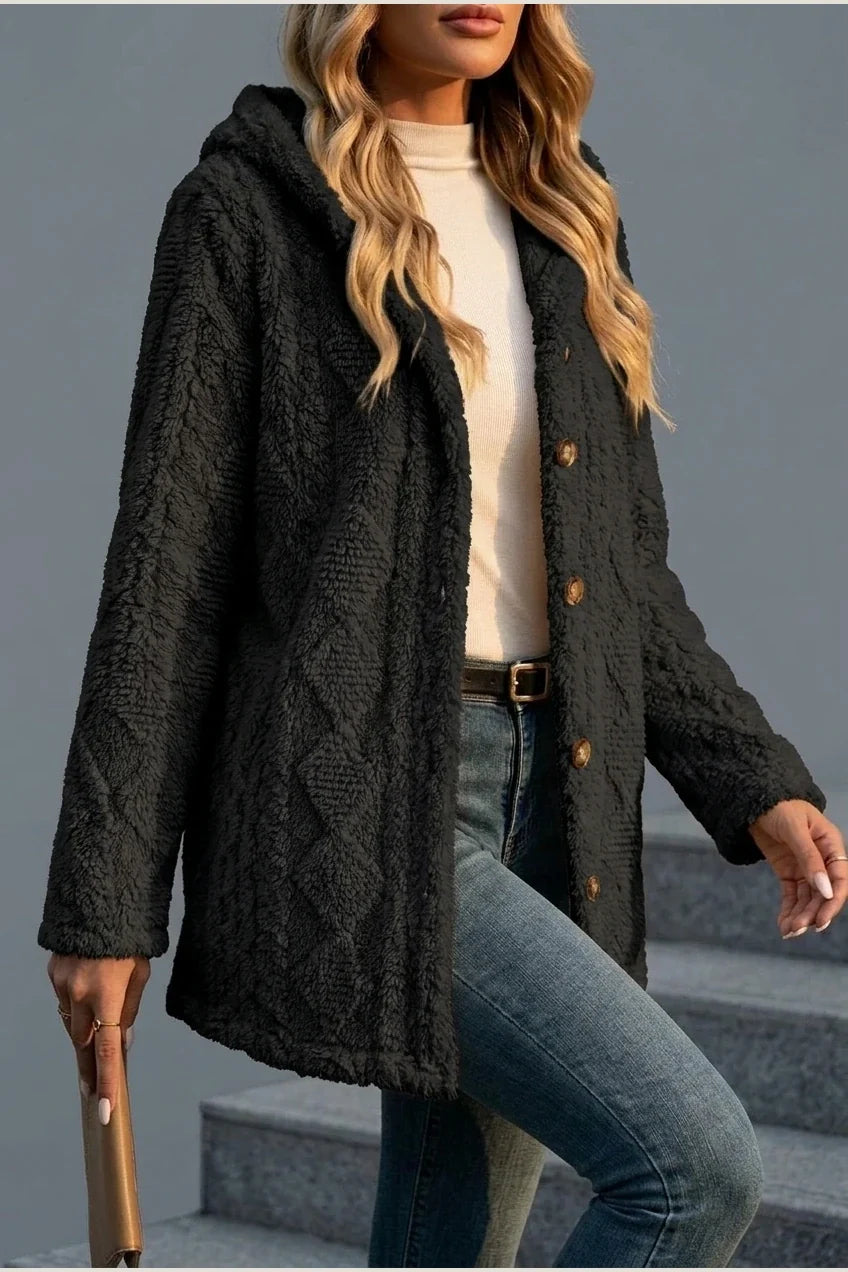 Women'S New Elegant Diamond Pattern Side Decorative Button Wool Teddy Bear Coat Hooded Jacket Warm Outerwear — variant_front