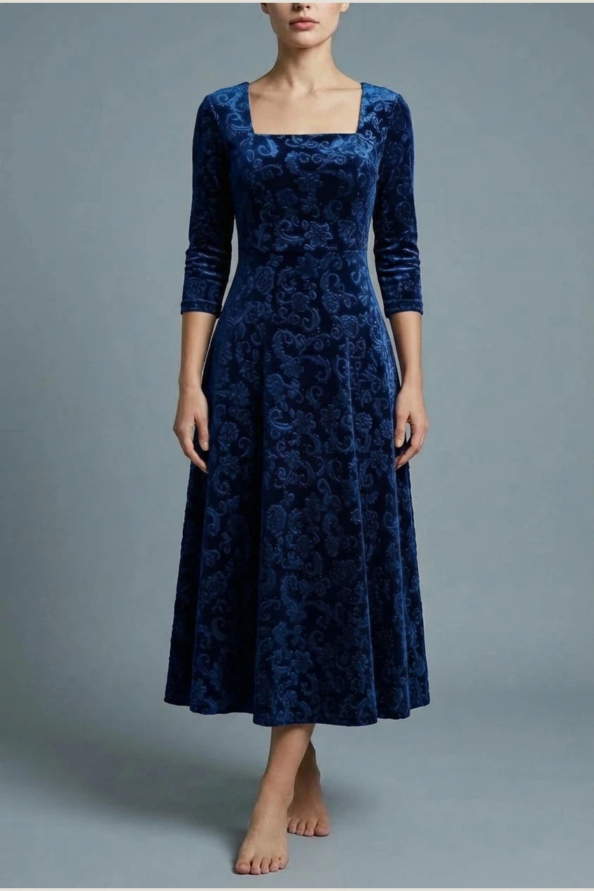 Scarlett | Women's Square Neck Velvet Floral Embossed Party Dress — variant_front