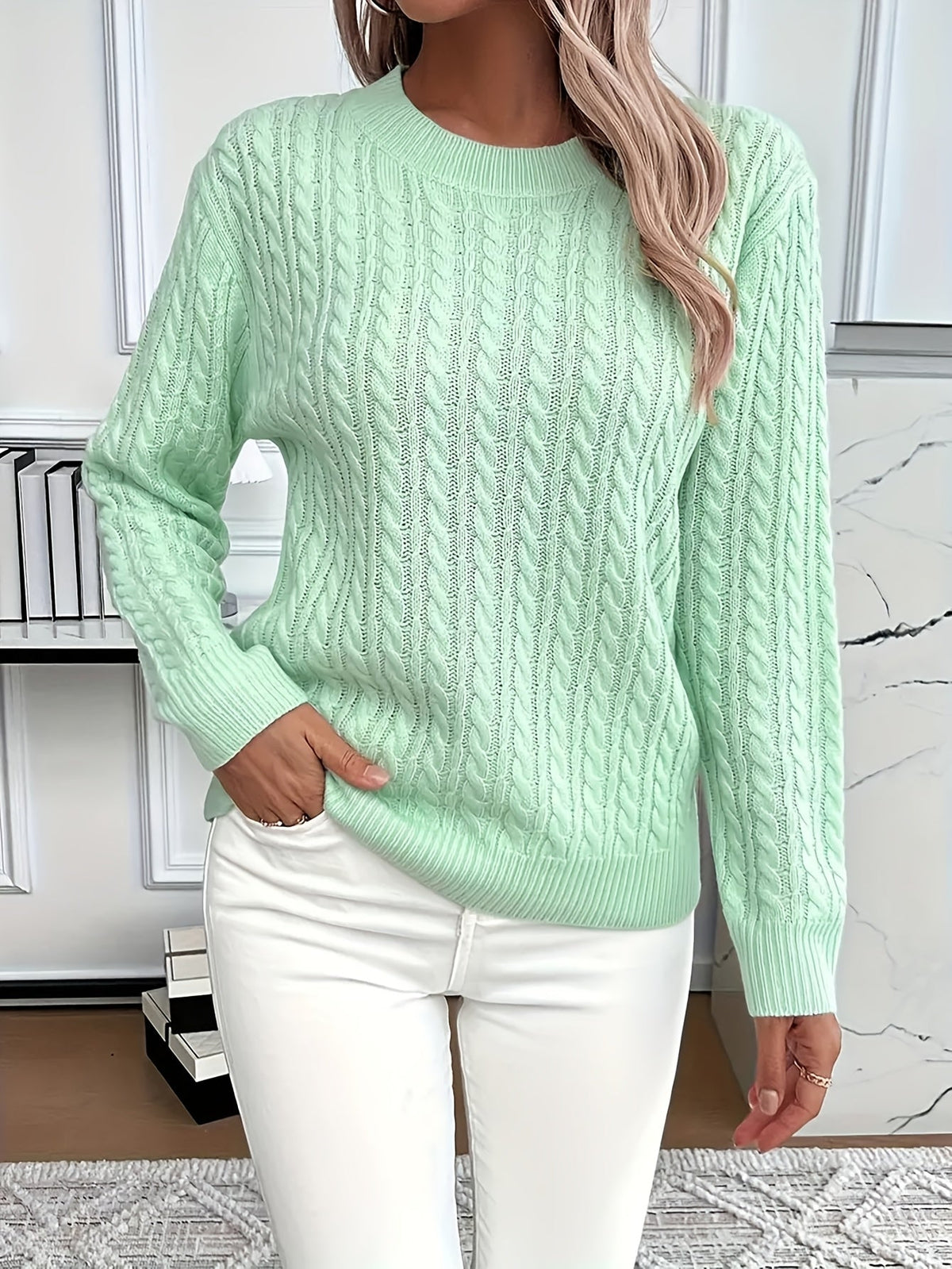 Chunky Cable Knit Sweater with Crew Neck and Ribbed Cuffs — variant_front