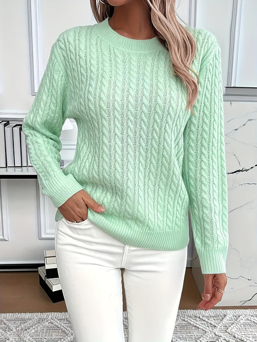 Chunky Cable Knit Sweater with Crew Neck and Ribbed Cuffs — variant_front