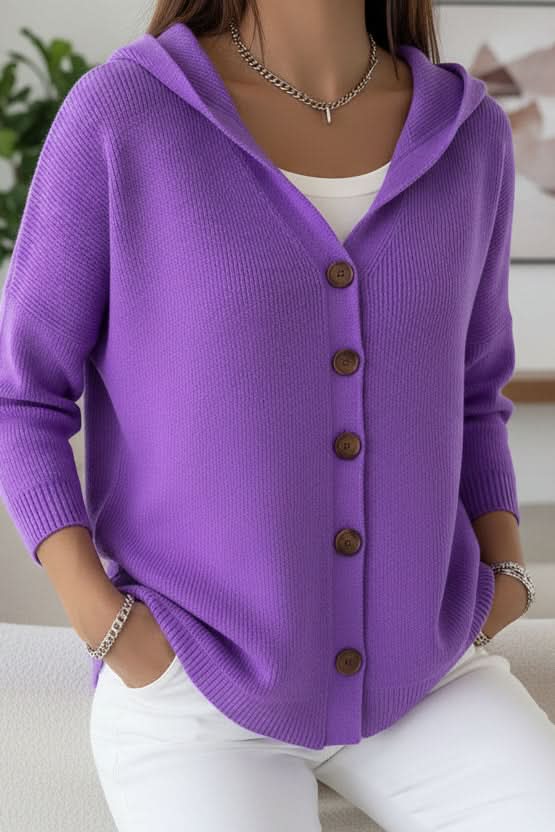 Relaxed Hooded Cardigan with Button Front and Ribbed Cuffs — variant_front