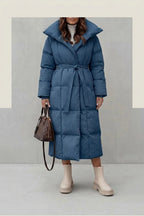 Women's Belted Long Puffer Coat with Silhouette Design – Ines — variant_front