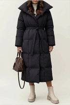Women's Belted Long Puffer Coat with Silhouette Design – Ines — variant_front