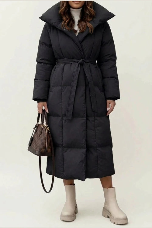Women's Belted Long Puffer Coat with Silhouette Design – Ines — variant_front