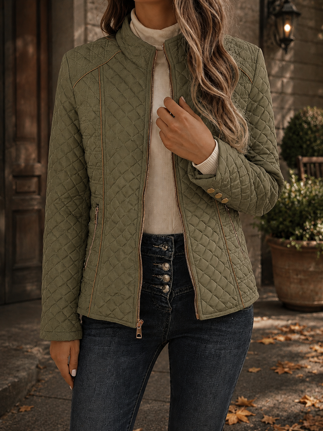 Fitted Quilted Jacket with Stand Collar and Contrast Piping — variant_front