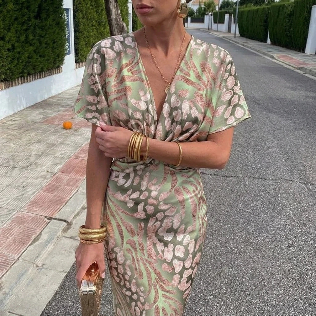Willow | Women's V-Neck Twist-Front Midi Cocktail Party Dress — willow-womens-v-neck-twist-front-midi-cocktail-party-dress_lifestyle_environmental_05.webp