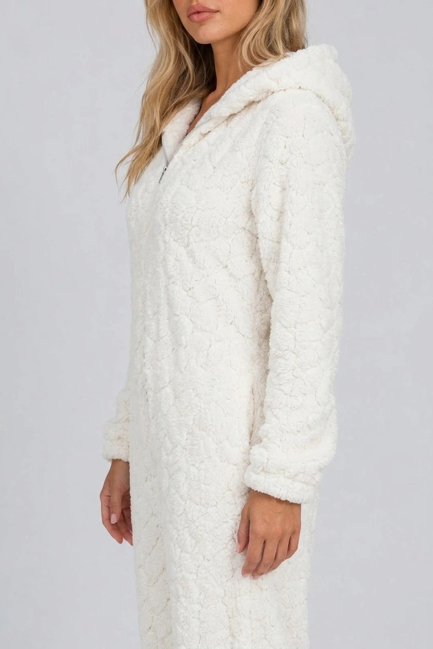 Women’s Hooded Teddy Fleece Jumpsuit – Full Zip Fluffy Lounge Onesie — variant_front
