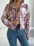 Cropped Plaid Shacket with Button Front and Chest Pockets — variant_front