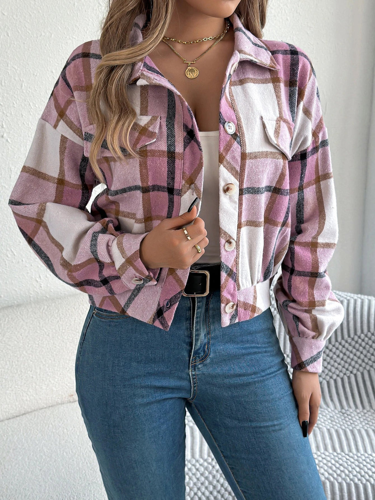 Cropped Plaid Shacket with Button Front and Chest Pockets — variant_front