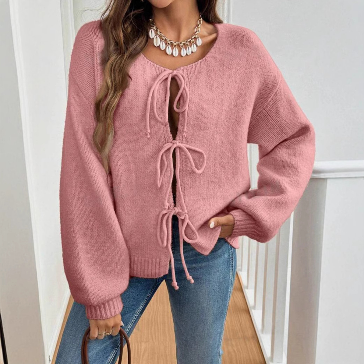Relaxed Knit Cardigan with Tie Front and Puff Sleeves — variant_front