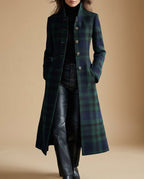 Plaid Wool Coat with Stand Collar and Gold Buttons, Fitted — variant_front