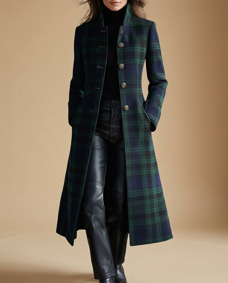 Plaid Wool Coat with Stand Collar and Gold Buttons, Fitted — variant_front