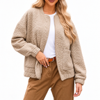Women’s Beige Quilted Jacket | Zip-Up Long Sleeve Outerwear with Front Pockets — variant_front
