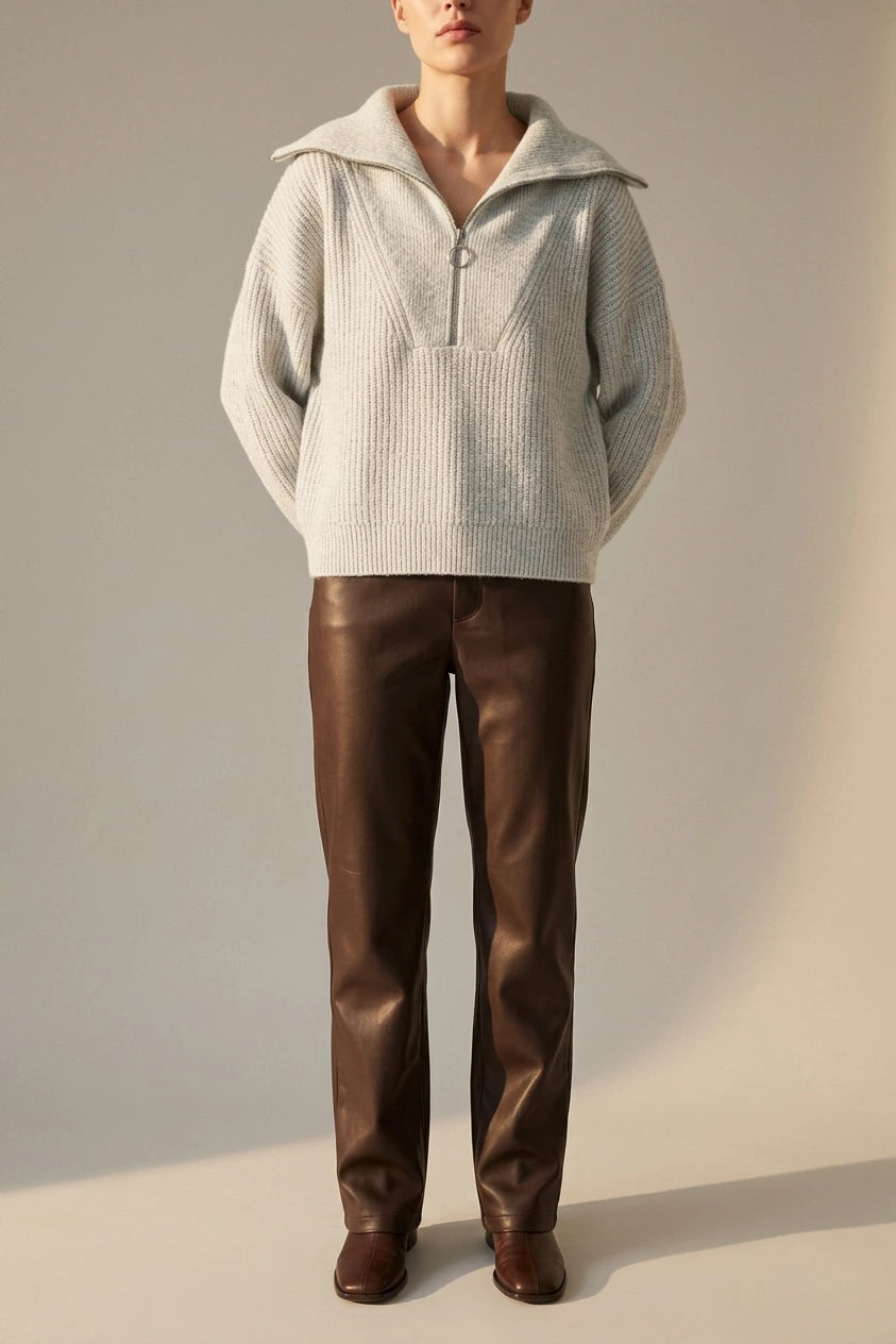 Oversized Half Zip Knit Sweater with Wide Collar — variant_front