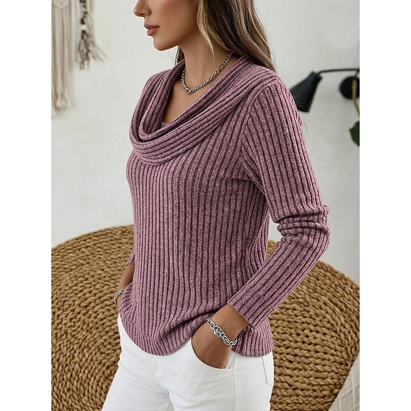 Ribbed Knit Sweater with Cowl Neck and Long Sleeves — variant_front